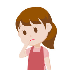 シンプルな主線なしのイラスト / 首を傾げるピンクのエプロンの女性