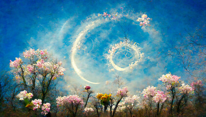 Looking at the Spring sky, with its colorful blooms and symbols of spring, this is a poetic and abstract view of the season.