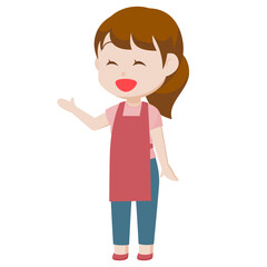 シンプルな主線なしのイラスト / 笑顔で案内や説明をするピンクのエプロンの女性
