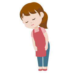 シンプルな主線なしのイラスト / お辞儀をするピンクのエプロンの女性