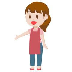 シンプルな主線なしのイラスト / 案内や説明をするピンクのエプロンの女性