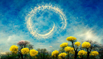 Fototapeta na wymiar This sky-themed abstract painting has a beautiful spring palette and a beautiful circular zodiac. Flowers and symbols related to this season are included.