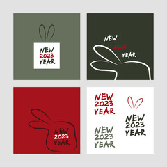 2023 new year posters set. Four square posters with outline rabbit head silhouette. Street art, lettering, graffiti, template, banner, card. Hand drawn doodle modern vector illustration.