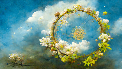 Obraz na płótnie Canvas A beautifully poetic view of a spring sky, featuring a circular zodiac filled with fresh flowers and symbols related to this magical season.