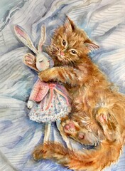 The cat  hugs a toy bunny. Fluffy kitty. Watercolor.
