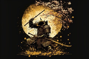 A golden samurai with a katana, golden moon in the background with a tree next to it, black background