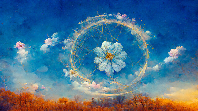 A beautiful, abstract view of a spring sky is adorned with a circular zodiac. Flowers and symbols of spring are featured prominently in this magical season, according to horoscopes.