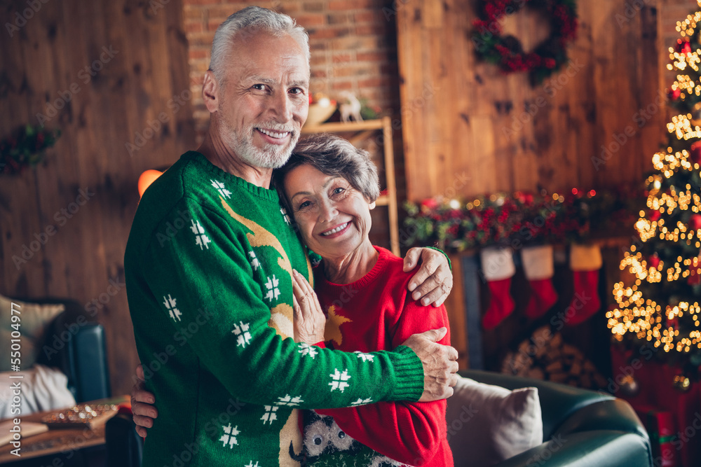 Poster photo of sweethearts old pensioners wear cute ugly sweaters cuddle smiling stay home every year trad