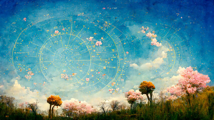 A beautiful and poetic view of a spring sky can be found in this zodiac. Flowers and symbols related to spring can be found throughout the painting.