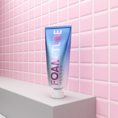 3D rendering facial foam tube mockup on pink tile background