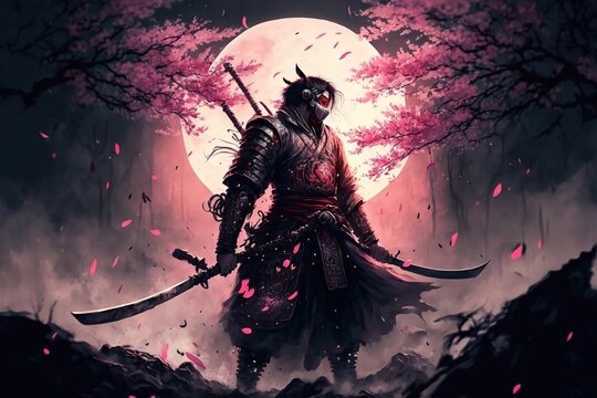 A Samurai with two swords and a moon in the background, pink sakura trees around him