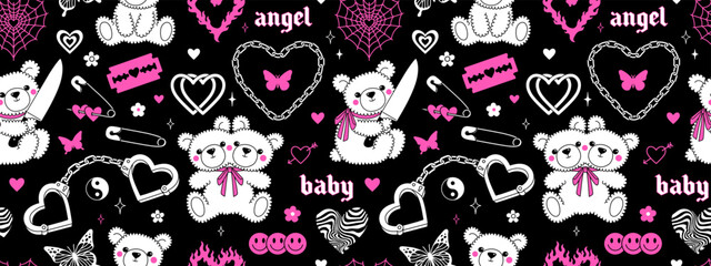 Y2k pink goth semless pattern. Butterfly kawaii bear chain heart tattoo and other elements in trendy emo goth 2000s style. Vector hand drawn background. 90s, 00s aesthetic. Pink, black, white colors.