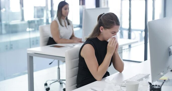 Nose, allergy and sick business woman at computer office desk for dust, covid 19 or sinus healthcare safety, compliance and workspace. Tissue, sneeze and allergies of corporate employee in workplace