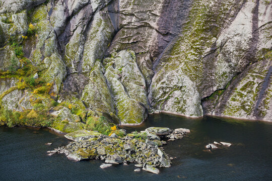 A lone tree grows on small peninsula formed by ancient rockfall in Tridalsvatnet Lake, Moskenesoya, Lofoten Islands, Norway.