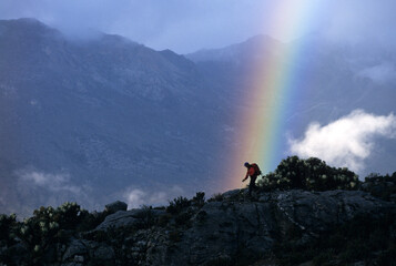 Trekker and Rainbow, Sierra Santa Marta, Colombia