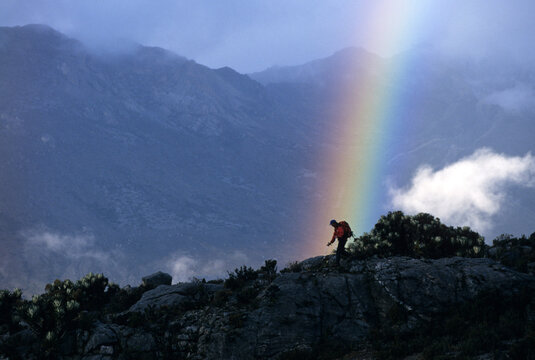 Trekker and Rainbow, Sierra Santa Marta, Colombia