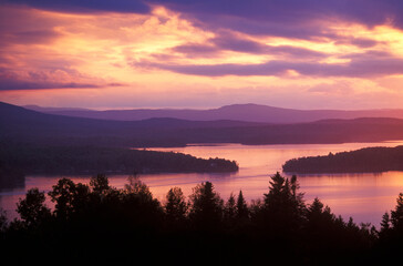 A view of Moosehead Lake at sunset in Greenville, Maine.