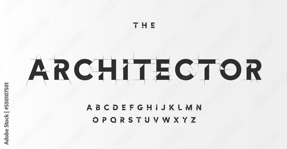 Fototapete Architectural project font, technical draw style alphabet. Geometrical typography. Wireframe letters, typographic design with draft strokes for architecture logo and headline. Isolated vector typeset