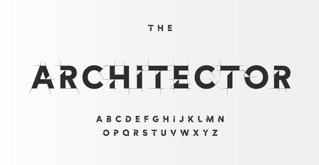 Architectural project font, technical draw style alphabet. Geometrical typography. Wireframe letters, typographic design with draft strokes for architecture logo and headline. Isolated vector typeset - obrazy, fototapety, plakaty