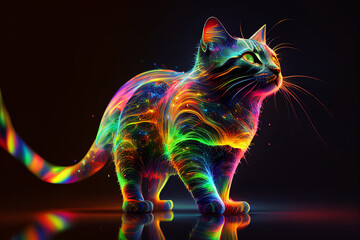 Digital illustration of an abstract cat shining in rainbow colors, infinite turbulence, fluorescent red colours comforting and relaxing design.