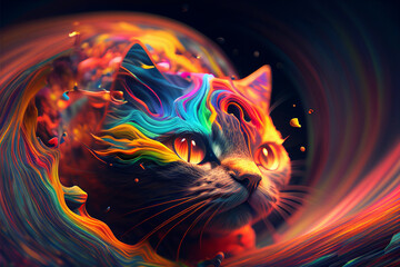 Digital illustration of an abstract cat shining in rainbow colors, infinite turbulence, fluorescent red colours comforting and relaxing design.