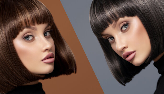 A concept depicting two hair color options for a beautiful young woman.