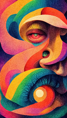 Obraz premium Psychedelic trippy LSD or magic mushrooms hallucinations hippie concept design. 3D illustration.