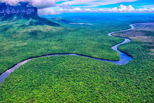 The meandering Carrao River seen from the air, in Canaima National Park, Venezuela