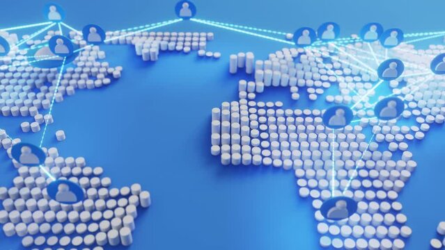4k resolution,World map with icon person and line connection, concept social network, cylindrical object aligned as world map, white object on blue background, camera dolly side.