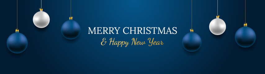 Merry Christmas and Happy New Year vector banner. Realistic rose gold and blue baubles, snowflakes hanging on dark blue background. Vector illustration concept