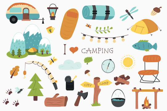 Camping and hiking isolated elements set in flat design. Bundle of trailer, sleeping bag, mat, tent, mountains, fishing rod, forest trees, firewood, canned food, ax and other. Vector illustration.