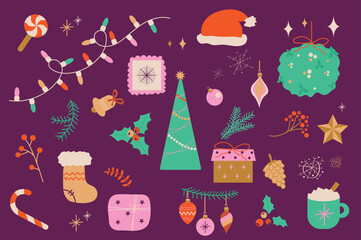Christmas holiday isolated elements set in flat design. Bundle of lollipop, garland, Santa Claus hat, bell, tree, berry, socks, gift, holly, toys, winter decorations and other. Vector illustration.
