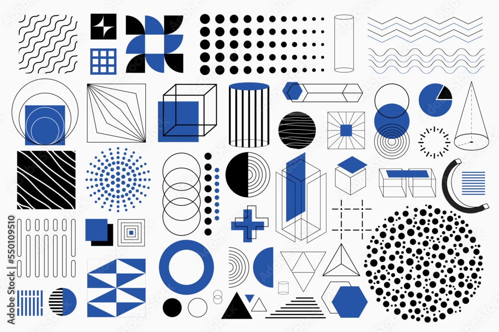 Leinwandbilder Geometric shapes isolated elements set in flat design. Bundle of different lines, squares, dots, cylinder, circle, rhombus, cubes, sphere, patterns, cross, triangles and other. Vector illustration.
