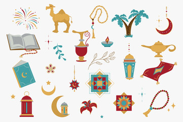 Ramadan holiday isolated elements set in flat design. Bundle of quran, camel, rosary, coffee pot, candle, palm trees, crescent moon, flower, mosque and other traditional symbols. Vector illustration.