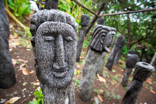 A traditional carving of a face at the Touna Kalinago Heritage Village in the Kalinago Territory of the Caribbean island of Dominica.