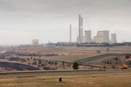 The Yan Lang coal fired power station in the Latrobe Valley, Victoria, Australia. It uses coal from this open cast coal mine across the road from it, as the Latrobe Valley has mass