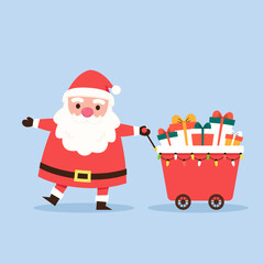 Cartoon Christmas illustrations isolated on pastel. Funny happy Santa Claus character with gift, bag with presents, waving and greeting. For Christmas cards, banners.