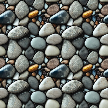 Seastones seamless pattern. Polished rounded pebbles repeating background. Realistic 3D illustration
