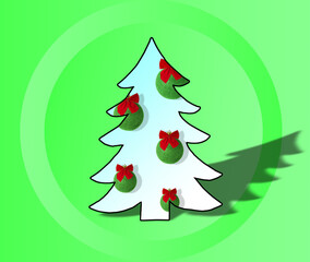 Christmas tree with decorations around it, gradient green background with green ring around the Christmas tree, creative holiday concept
