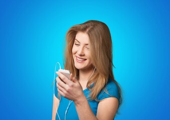 Happy young woman hold mobile phone