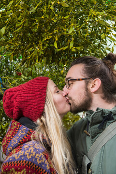 Couple kissing under mistletoe tree