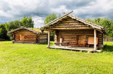 Ancient slavic village. X century settlement, typical houses reconstruction