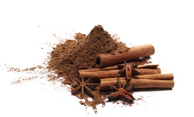 Cinnamon sticks, cocoa powder and star anise isolated on white 