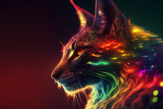 Digital illustration portrait of an abstract lynx shining in rainbow colors, infinite turbulence, fluorescent red colours comforting and relaxing design.