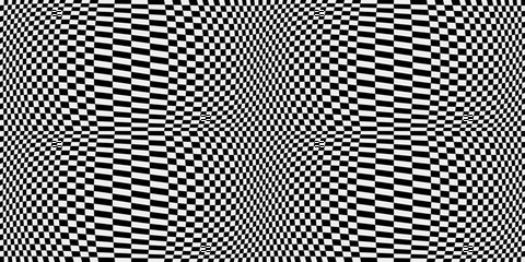 Checkered optical black and white pattern. Racing flag, curved and optical. Print and stylish interior design. Seamless vector decor pattern.
