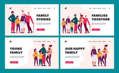 Big Family Together Landing Page Template Set. Happy Characters Mother, Father, Son, Daughter, Grandfather, Grandmother