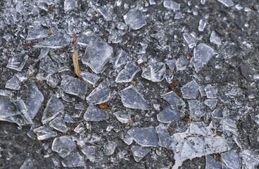 Closeup of shattered glass scattered on the ground