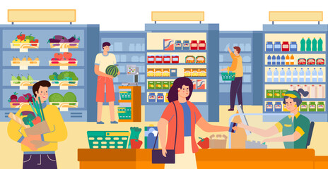 Group of people character together buy food product in grocery store, local supermarket with foodstuff flat vector illustration.