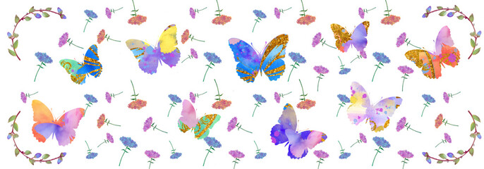 Butterflies floral watercolour pattern. Holiday, summer, Easter, Birthday, wedding template.