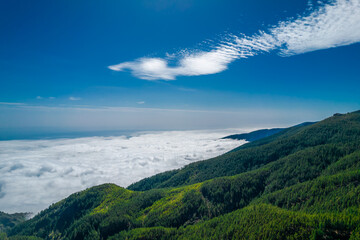 Wide mountain panorama with blue sunny sky and white puffy sea of clouds below in Tenerife island, Spain